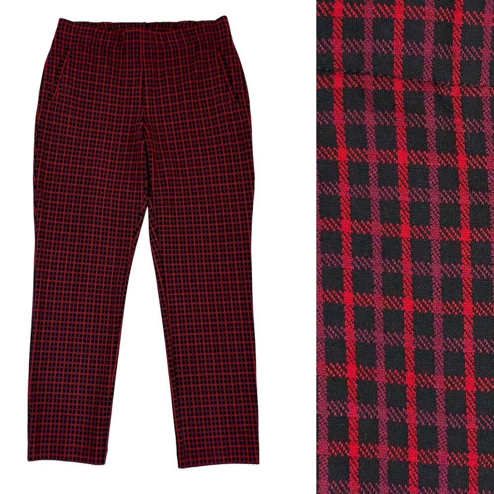 J Jill Plaid Ponte Pants Women M NWT Red Black Slim Ankle Pull On Stretch